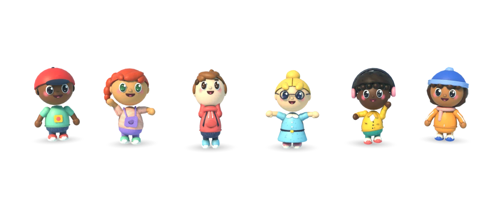 Sechs Spielfiguren aus Life Choices in 3D, die winken, tanzen und springen